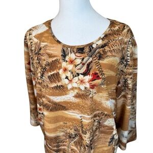 Vintage Entity Womens Hawaiian Shirt 1X Floral 3/4 Sleeves Honolulu Luau Novelty